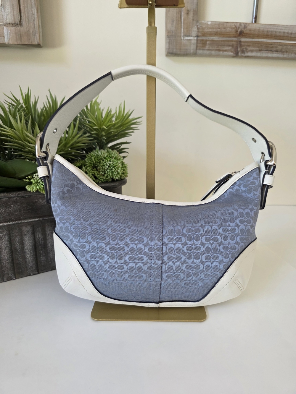 Coach Soho Signature Jacquard Hobo Shoulder Bag Denim Blue White Leather Y2K - Picture 7 of 13